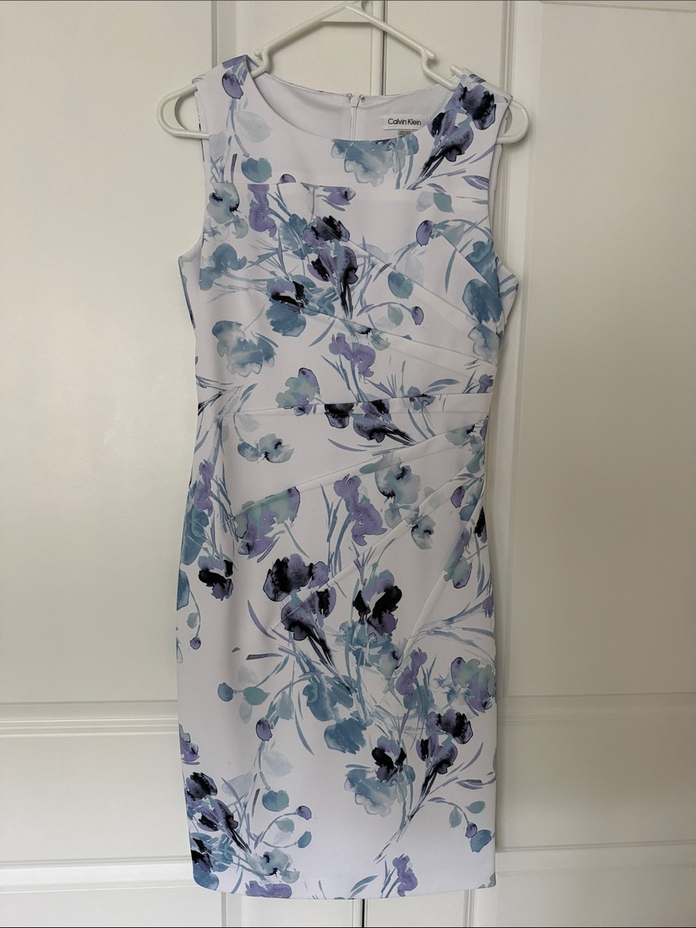 Calvin Klein White Sheath Dress with Blue & Purple Floral Print